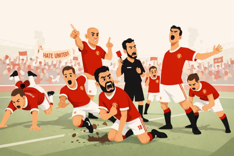 Illustration of the 5 most hated Manchester United players including Ruud van Nistelrooy, Wayne Rooney, Gary Neville, Cristiano Ronaldo, and Bruno Fernandes hated by Arsenal fans