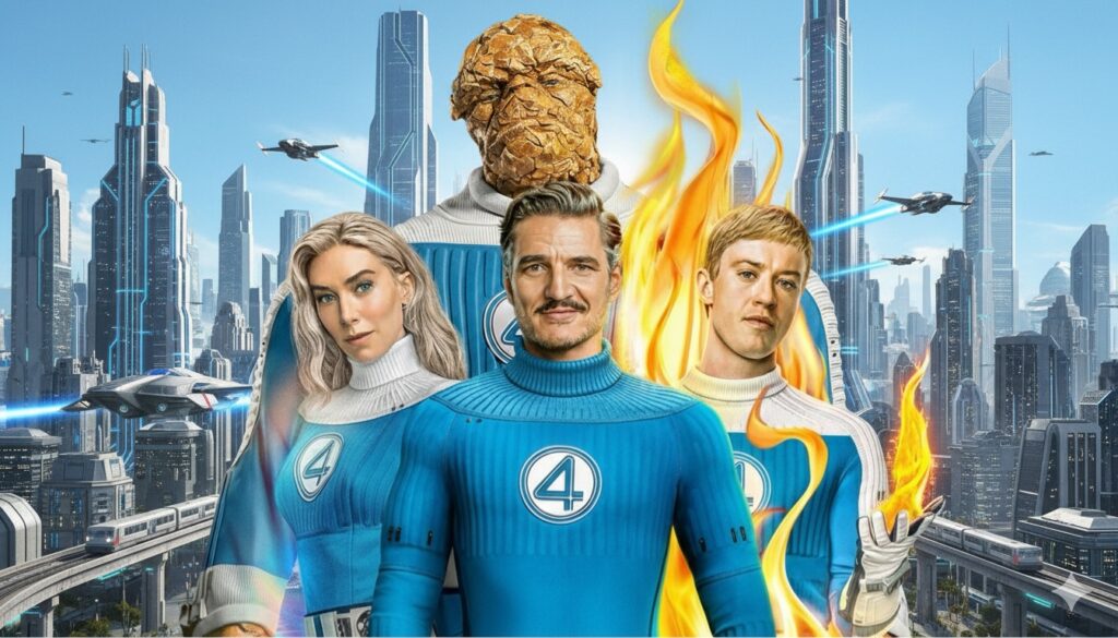 Marvel finally made a good movie with Fantastic Four First Steps, showing the main cast in superhero suits against a retro-futuristic city skyline