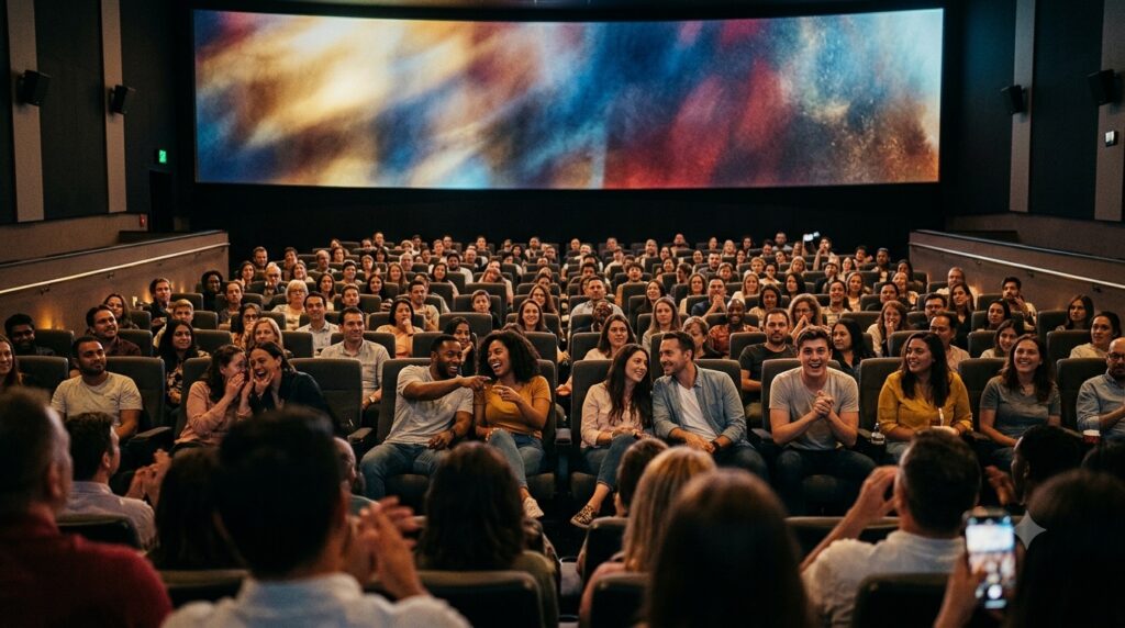 Packed cinemas audience enjoying a blockbuster movie experience